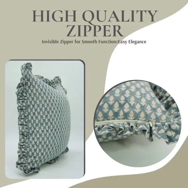 Art Deco Fabdivine Ethnic Block Print Fril Cushion Cover Gray 16x16 Inch Pure Linen- Haryali For Sale - Image 3 of 5