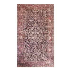 Phenomenal Navy Blue and Pink Color With Great Florid Design Antique Kirman Rug
