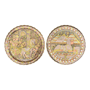 Egyptian Revival Scene Metal Wall Plates With Copper Brass Silver Overlay- a Pair