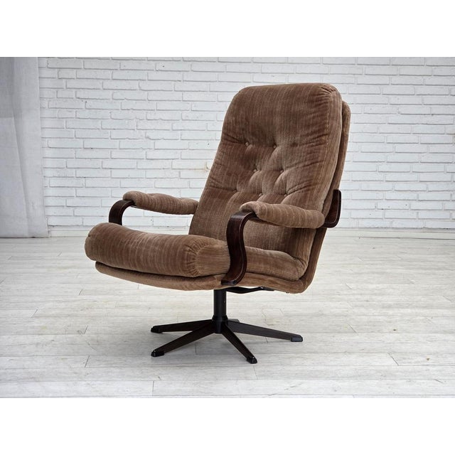 Danish Swivel Armchair in Corduroy and Dark Beechwood, 1970s For Sale - Image 12 of 16