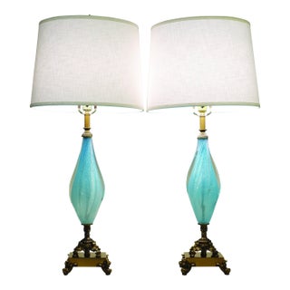 1960s Large Barovier Toso Murano Italy Thick Aqua Swirl Art Glass Ornate Brass Table Lamps - a Pair For Sale