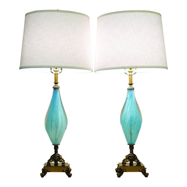 1960s Large Barovier Toso Murano Italy Thick Aqua Swirl Art Glass Ornate Brass Table Lamps - a Pair For Sale