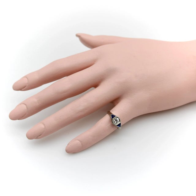 Art Deco 14k White Gold Diamond and Sapphire Ring, Size 4.5 For Sale - Image 9 of 10