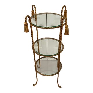 Vintage Italian Hollywood Regency Style Gold Gilt Metal Rope and Tassel Etagere For Sale