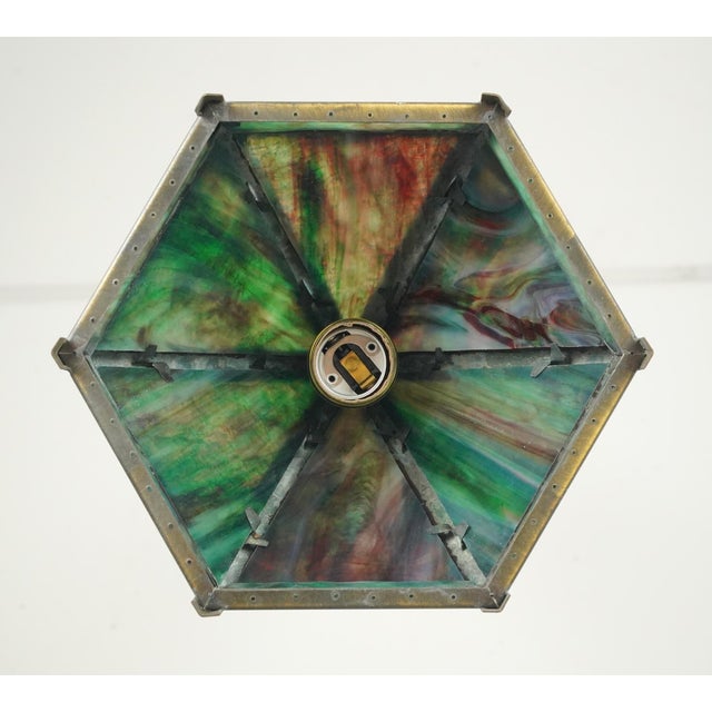 Mid 20th Century Arts & Crafts Green Slag Glass Hexagonal Pendant Light - R291935 For Sale - Image 6 of 8