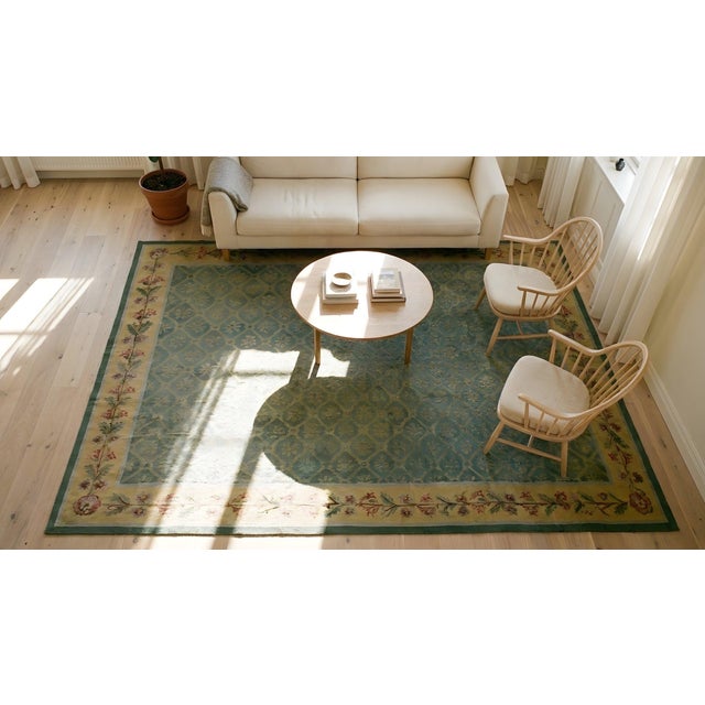 Delictate Border Floral in Empire Style With Green Open Field Antique French Aubusson Rug For Sale - Image 12 of 12