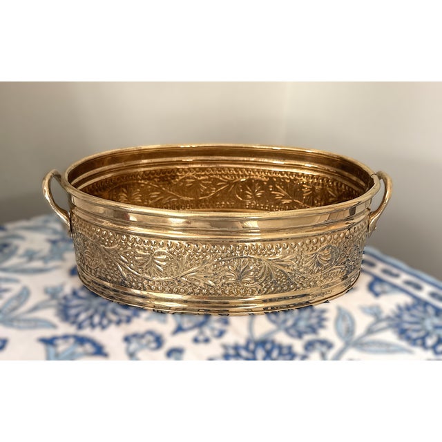 Hollywood Regency Solid Brass Embossed Oval Bowl or Planter With Handles For Sale - Image 3 of 7