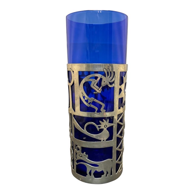 Kachina Candle Holder Cobalt Blue Glass Vase Universal Pewter Hurricane Wrap For Sale
