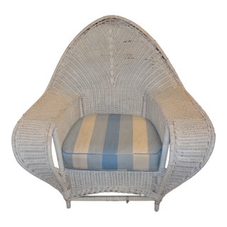 Vintage White Wicker Oversized Fan Back / Cobra Patio Arm Chair With Blue Stripe Cushion For Sale