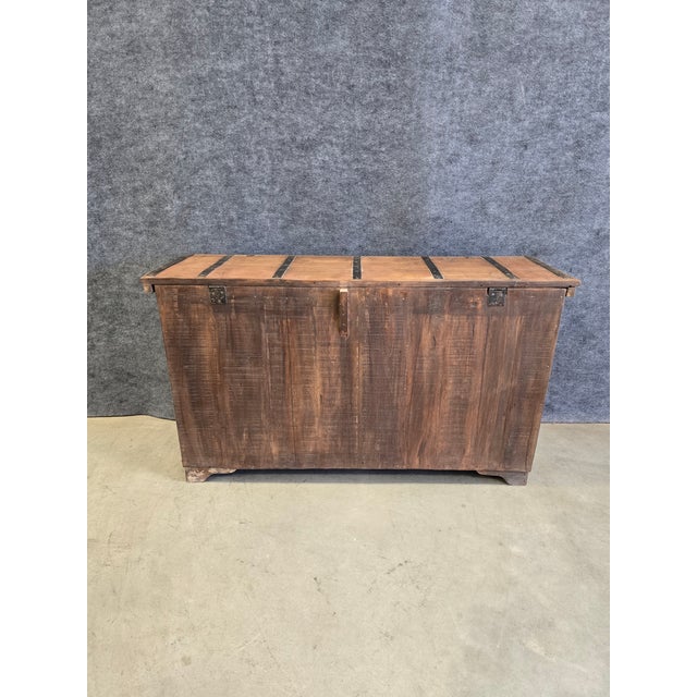 1990s Handcrafted Solid Reclaimed Wood Trunk With Iron Strappings For Sale - Image 11 of 11