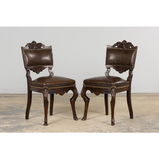 Mid 19th Century Antique French Louis XV Style Oak Dining Chairs W/ Brown Leather - Set of 8 For Sale - Image 5 of 18