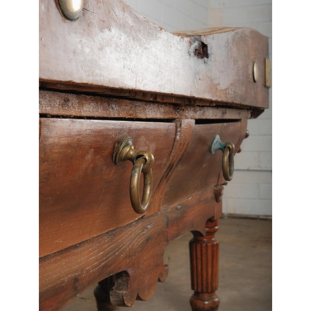 19th Century French Butcher’s Block Table With Drawers and Brass Mounts For Sale In Greensboro - Image 6 of 8