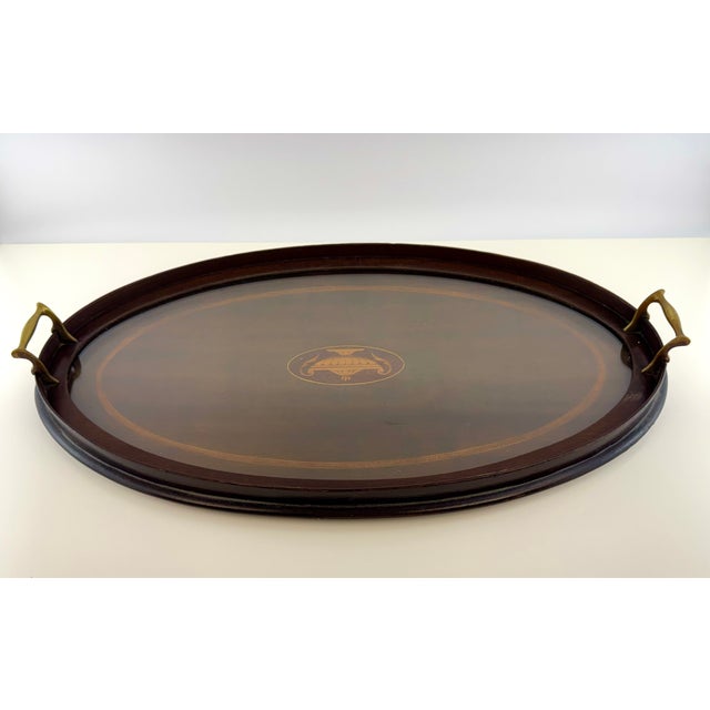Antique Edwardian Mahogany Inlaid Serving Tray With Brass Handles For Sale - Image 4 of 9