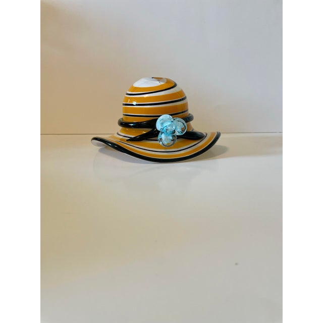 Glass Vintage Block Crystal Hand-Blown Striped Art Glass Derby Hat Bowl For Sale - Image 7 of 7
