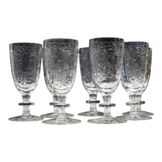 Vintage Rock Sharpe Paisley Pattern Etched Glass Juice Goblets Stems - Set of 7 For Sale