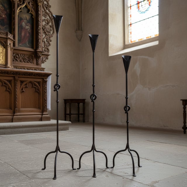 Hand Forged Iron Candelabra Set of 3 (90-110cm) Antique Copper Finish Knotted Stem with Conic Cup For Sale - Image 4 of 7