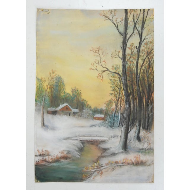 Shabby Chic 1930s Winter Sunrise Pastel on Paper For Sale - Image 3 of 3