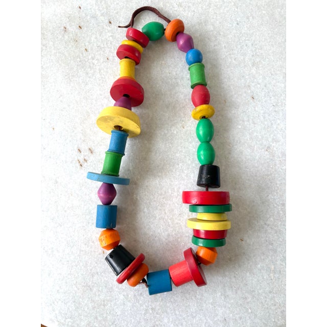 Wonderful, large turkey, mid-century, modern printed wooden beaded necklace. 36” long