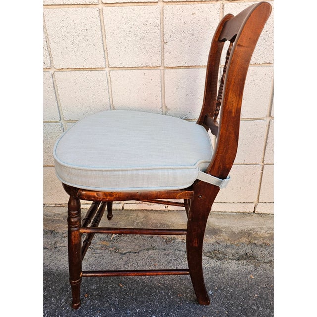 1920s Pair Victorian Mahogany Spindle and Cane Seat Side Chairs With Custom Cushion For Sale - Image 5 of 7