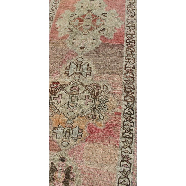 Mid 20th Century Vintage Turkish Oushak Runner With Medallion Design in Pink, Light Green & Taupe 2'10 X 12'6 For Sale - Image 5 of 11