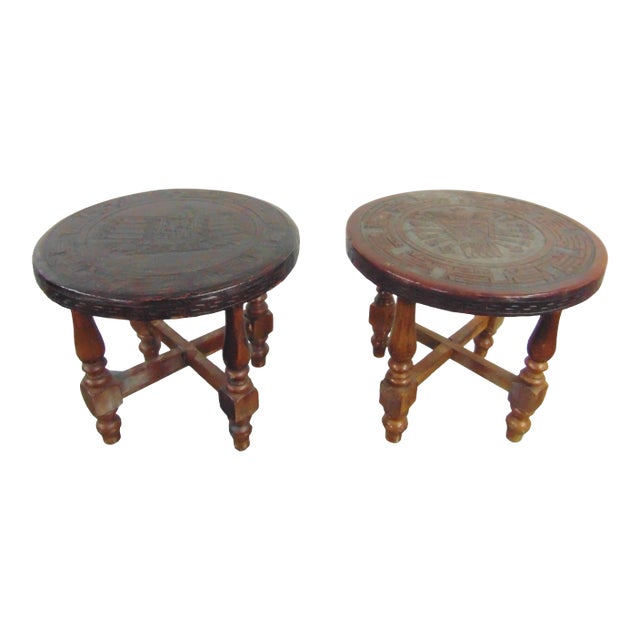 Mid Century Aztec Style Leather Embossed Footstools - a Pair For Sale