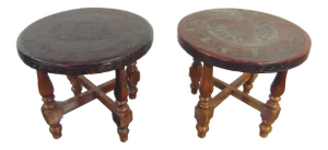 Mid Century Aztec Style Leather Embossed Footstools - a Pair