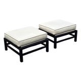Pair of Baker Furniture Black Lacquered Wood Frame Ottomans With Ivory Upholstered Cushions For Sale