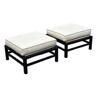 Pair of Baker Furniture Black Lacquered Wood Frame Ottomans With Ivory Upholstered Cushions For Sale