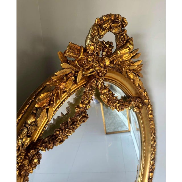 Italian Italian Oval Wall Mirror – Gold Leaf Frame With Flowers For Sale - Image 3 of 9