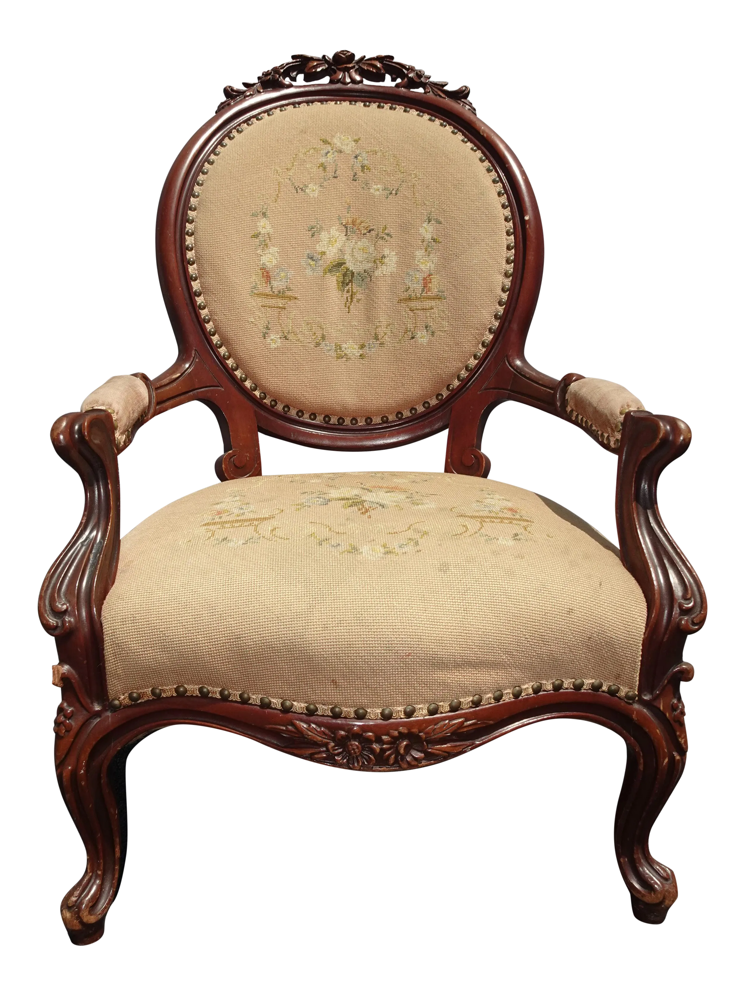 Vintage Victorian Tan Floral Tapestry Needlepoint Carved Chair - image 0