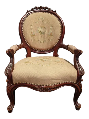 Vintage Victorian Tan Floral Tapestry Needlepoint Carved Chair