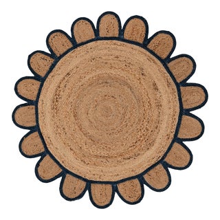 Navy Blue Round Jute Scallop Rug - 8' X 8' For Sale