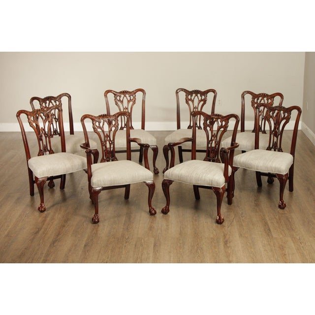 High Quality American Made Solid Mahogany Carved Ball & Claw Set of 8 Dining Chairs with Custom Upholstered Seats,...