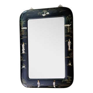 Vintage Chinese Black Lacquer Chinoiserie Wall Mirror With Mother-of-Pearl Inlay, 40" X 30" For Sale