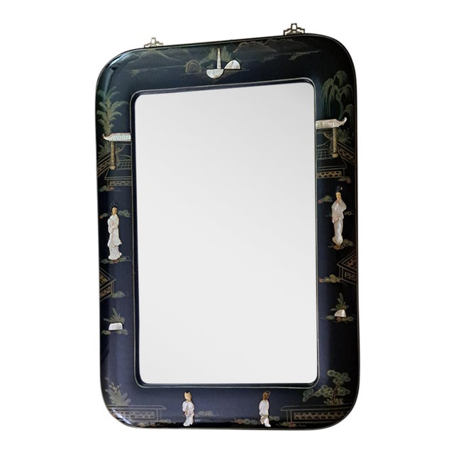 Vintage Chinese Black Lacquer Chinoiserie Wall Mirror With Mother-of-Pearl Inlay, 40" X 30" For Sale