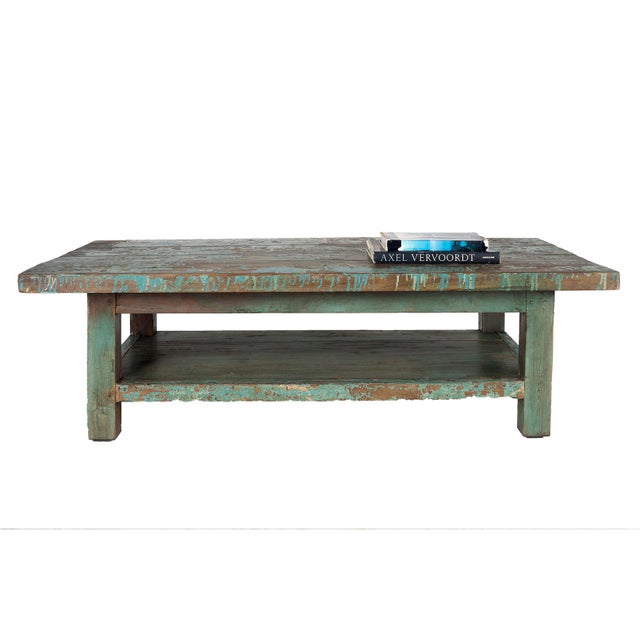 Vintage workshop table as coffee table in original teal paint patina