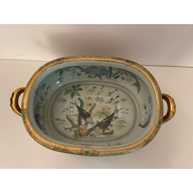 Late 20th Century Vintage Chinoiserie Gilt & Iron-Red Oval Porcelain Fishbowl Planter on Original Wood Stand For Sale - Image 5 of 9