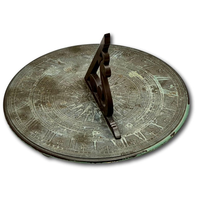 Fine Antique Large 12 Inch Size Solid Cast Bronze Sundial With Extensivly Detailed Calibrations Circa Early 1900s For Sale In Boston - Image 6 of 18
