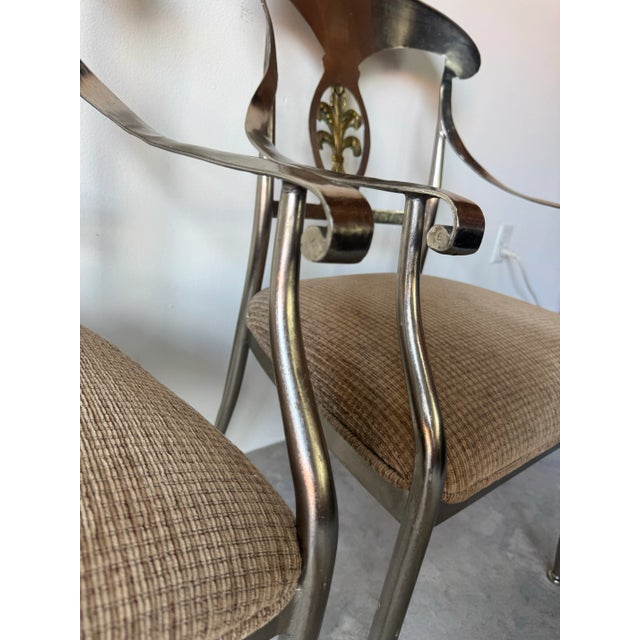 Vintage Neoclassical-Style Brushed Steel and Brass Dining — Set of 5/ Sold For Sale - Image 9 of 12