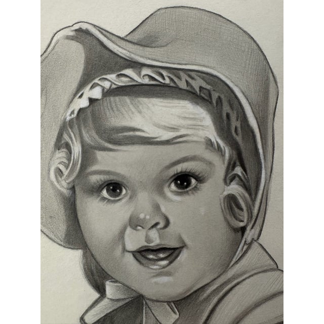 Original graphite pencil drawing by American artist and illustrator Theodore E. Schrock (1879–1952), depicting a smiling...