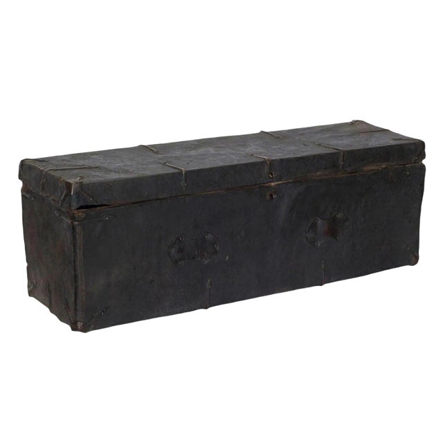 Tibetan Black Wood Leather & Iron Trunk For Sale