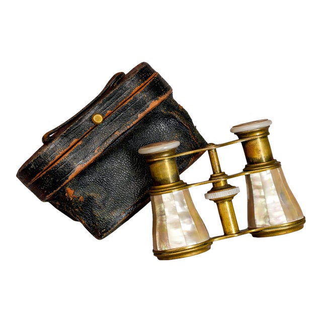 Fantastic Lively Mother of Pearl Duval Paris Antique French Opera Glasses With Leather Case Home Decor Prop For Sale
