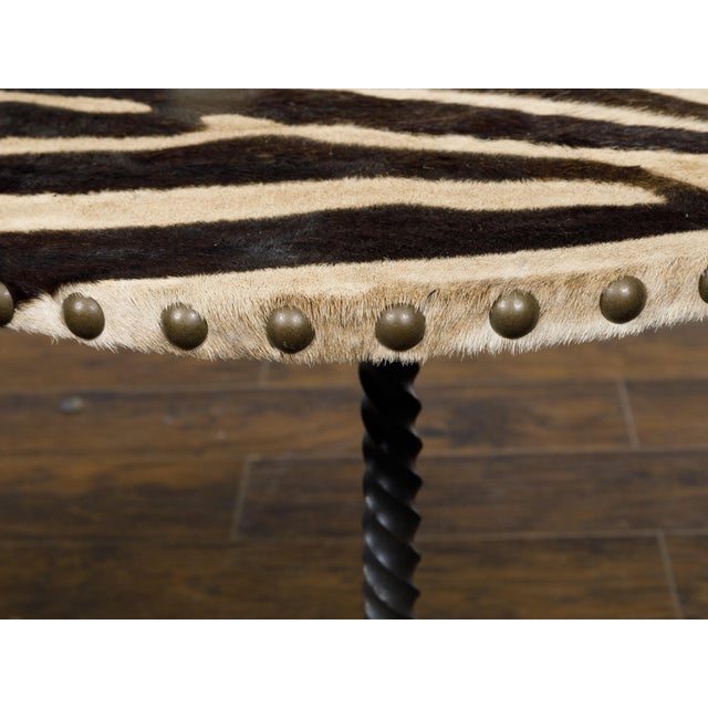 Pair of Midcentury French Guéridon Tables with Zebra Hide and Iron Tripod Bases For Sale - Image 10 of 11