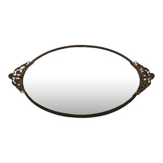 Antique French Ormolu Filigree Vanity Mirror Tray With Floral Basket Handles For Sale