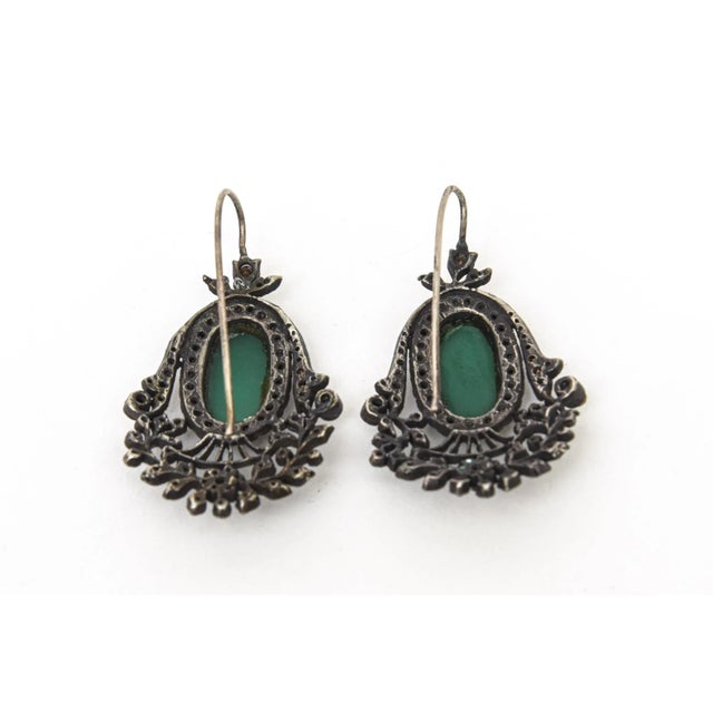 Silver Vintage Czech Rhinestone, Rhodium, Silver, Green Glass Dangle Pierced Earrings - 2 Pieces For Sale - Image 8 of 10