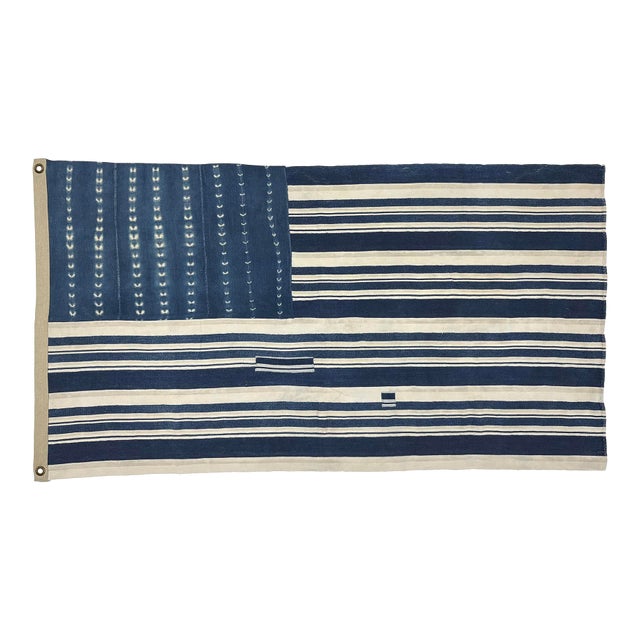 Shibori Indigo Flag Made From Vintage Cotton Mudcloth For Sale