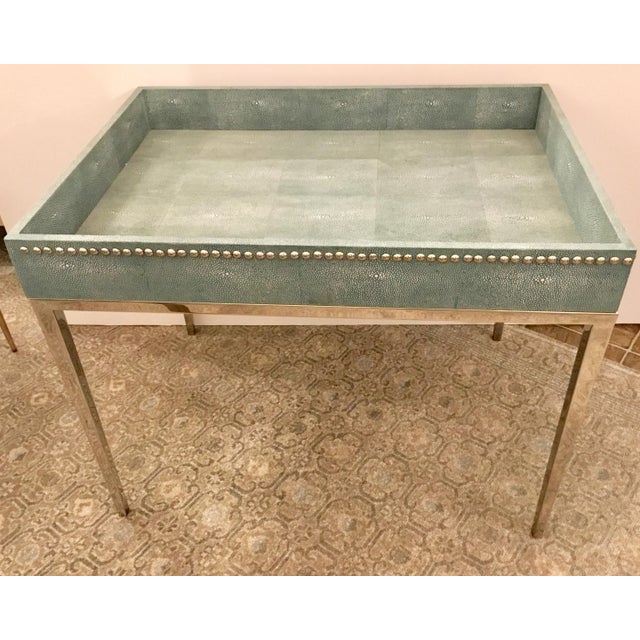 Stylish modern Turquoise faux Shagreen Studded Tray Table, chrome base and nailhead accents, showroom floor sample,...