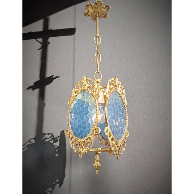 Metal 1960s Ceiling Light Vintage French Brass Blue Glass Chandelier For Sale - Image 7 of 14