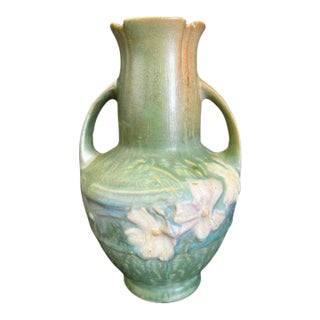 1939 Roseville "Cosmos" Art Deco, Pastel Green Art Pottery Vase #946-6 For Sale