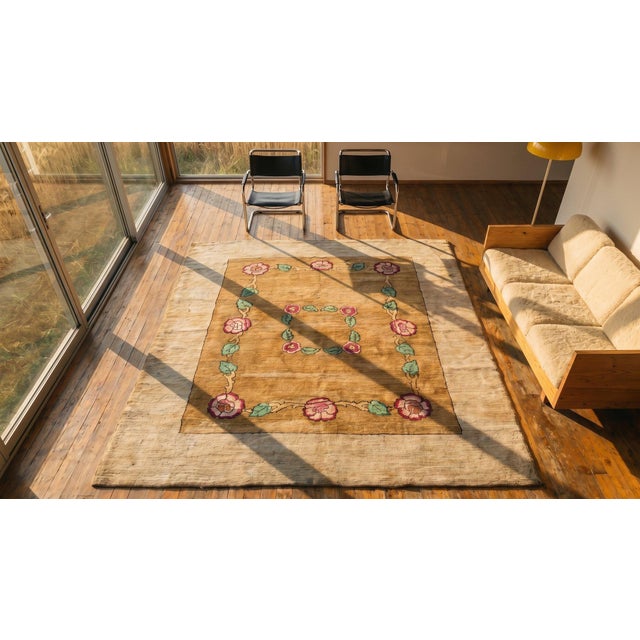 Artistic Floral Inlay Pattern Antique Square Shape American Floral Hand Knotted Pile Rug For Sale In New York - Image 6 of 7